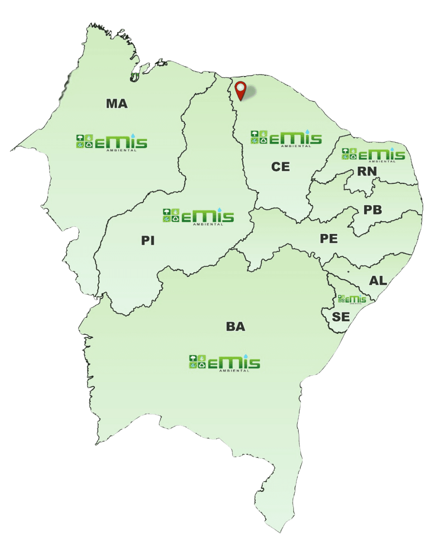 Mapa de atuação no Nordeste da Emis Ambiental